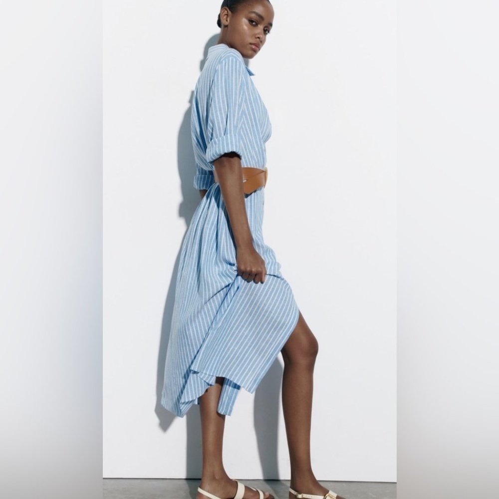Zara Blue Stripe Linen Blend  Button Up Shirt Dress | size XS - Picture 3 of 13